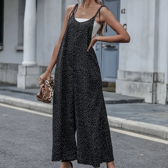Farm Style Polka Dot Slant Pockets Tie Shoulder Jumpsuit Black - Picture 5 of 5